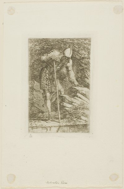 Válečník v plné zbroji v jeskyni od Salvator Rosa