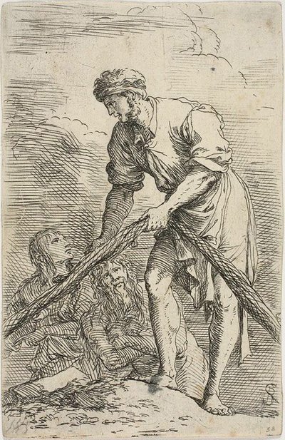 Muž táhnoucí síť se dvěma postavami za ním ze série Figurka od Salvator Rosa