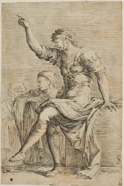 Válečník sedí na bloku a gestikuluje; za ním jsou dvě postavy ze série Figurka od Salvator Rosa