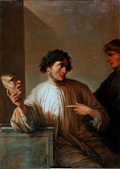Alegorie leží v podobě muže držícího masku. Obraz od Salvátora (Salvatore) Rosa (1615-1673) 1651 Sun. 136x96 cm Florencie, Palazzo Pitti od Salvator Rosa