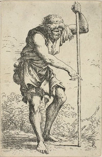 Starý, otrhaný muž s holí a půdou v boku, z Figuriny od Salvator Rosa