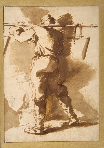 Pohled zezadu na nosiče vody, další postava za ním (pero a tuš s rozmytím na papíře) od Salvator Rosa