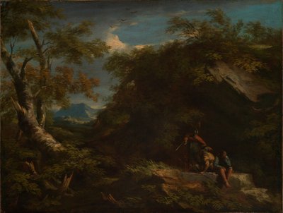 Hornatá lesní krajina s odpočívajícími válečníky od Salvator Rosa