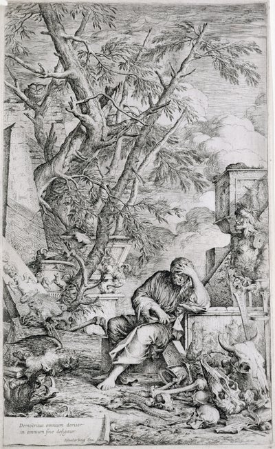 Democritus v meditaci (rytina) od Salvator Rosa