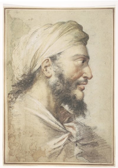 Hlava vousatého muže z profilu vpravo v turbanu od Salvator Rosa
