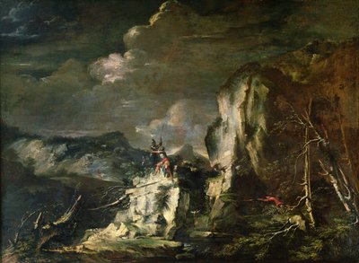 Skalnatá krajina s lovcem a válečníky od Salvator Rosa