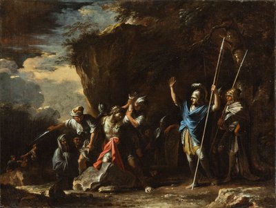 Scéna z řeckých dějin: Hluchoněmý syn krále Kréza zabrání Peršanům, aby zabili jeho otce od Salvator Rosa