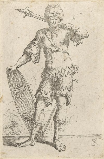Stojící exotický válečník s čepicí se lví hlavou, držící palcát a štít, kolem 1656-57 (lept na položený papír) od Salvator Rosa