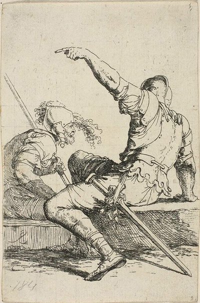 Dva válečníci sedící na nízkých skalách od Salvator Rosa