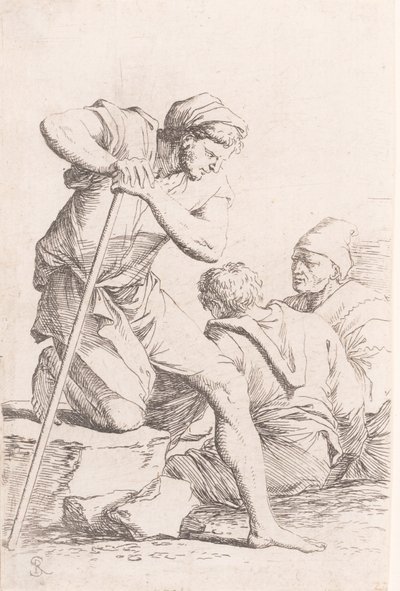 Dva sedící muži a další muž držící hůl klečící na skále, ze seri..., ca. 1656-1657. od Salvator Rosa