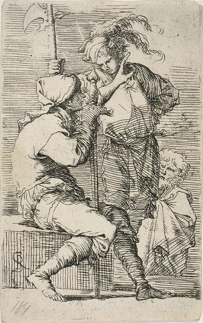 Dva válečníci, jeden drží meč, druhý halapartnu; za nimi starý vousatý muž z Figurka od Salvator Rosa