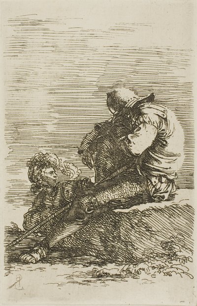 Dva bojovníci, jeden z nich sedí a spí na skále v popředí, ze série Figurky od Salvator Rosa