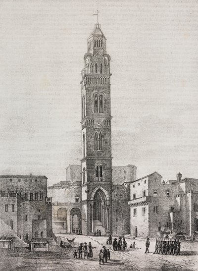 Zvonice katedrály Gaeta, Lazio, Itálie, litografie Salvatore Puglia podle kresby Pasquale Mattei (1813-1879), z Poliorama Pittoresco, n 48, 6. července od Salvatore Puglia