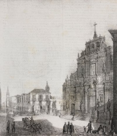 Fasáda baziliky San Sebastiano v Acireale, Sicílie, Itálie, litografie Salvatore Puglia z Poliorama Pittoresco, n 39, 3. května od Salvatore Puglia