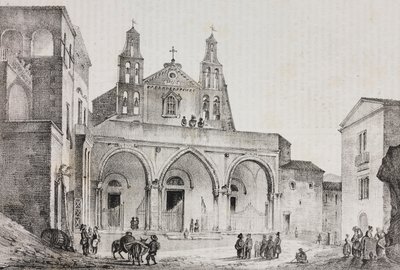 Fasáda katedrály Sessa Aurunca, Kampánie, Itálie, litografie Salvatore Puglia podle kresby Pasquale Mattei (1813-1879) z Poliorama Pittoresco, n 42, 24. května od Salvatore Puglia