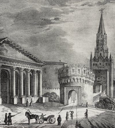 Brána Troitské věže (Trinity Tower), Kreml, Moskva, Rusko, litografie Salvatore Puglia z Poliorama Pittoresco, n 22, 7. ledna od Salvatore Puglia