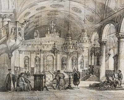 Interiér řeckého kostela Baloukli, poblíž Konstantinopole, Turecko, litografie od Salvatore Puglia z Poliorama Pittoresco, n 28, 15. února od Salvatore Puglia