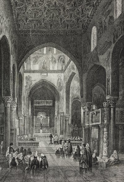 Interiér palatinské kaple v Palazzo dei Normanni nebo královského paláce v Palermu, Sicílie, Itálie, litografie Salvatore Puglia z Poliorama Pittoresco, n 41, 21. května od Salvatore Puglia