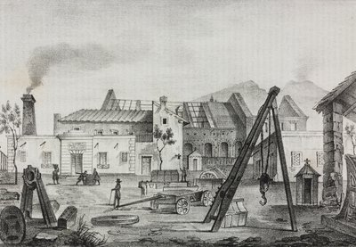 Reale Opificio mechanik (Royal Mechanical Factory) v Pietrarsa, Kampánie, Itálie, litografie Gaetano Riccio z Poliorama Pittoresco, n 39, 7. května od Salvatore Puglia