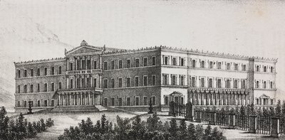 Královský palác v Aténách, Řecko, litografie Salvatore Puglia z Poliorama Pittoresco, n 5, 9. září od Salvatore Puglia