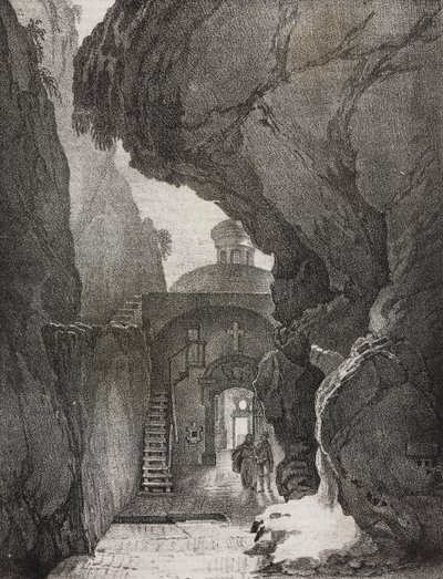 Svatyně Nejsvětější Trojice nebo Svatyně Splitské hory, Gaeta, Lazio, Itálie, litografie Salvatore Puglia z Poliorama Pittoresco, n 43, 1. června od Salvatore Puglia