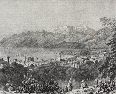 Pohled na Bejrút a pohoří Mount Lebanon, Libanon, litografie Salvatore Puglia z Poliorama Pittoresco, n 8, 1. října od Salvatore Puglia