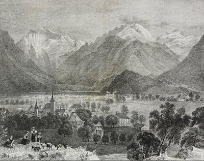 Pohled na Interlaken, Švýcarsko, litografie Salvatore Puglia z Poliorama Pittoresco, n 36, 16. dubna od Salvatore Puglia