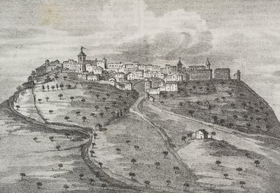 Pohled na Montefuscolo, dnes Montefusco, Kampánie, Itálie, litografie Salvatore Puglia z Poliorama Pittoresco, n 41, 20. května od Salvatore Puglia