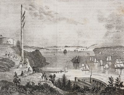 Pohled na záliv New York z telegrafní stanice, Spojené státy americké, litografie Salvatore Puglia z Poliorama Pittoresco, n 6, 14. září od Salvatore Puglia