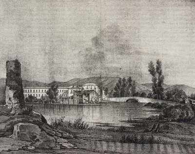 Pohled na továrnu a kostel Santa Restituta na břehu řeky Fibreno v Cornello, Lazio, Itálie, litografie od Salvatore Puglia podle kresby Raffaele Carelli, z Poliorama Pittoresco, n 16, 26. listopadu od Salvatore Puglia
