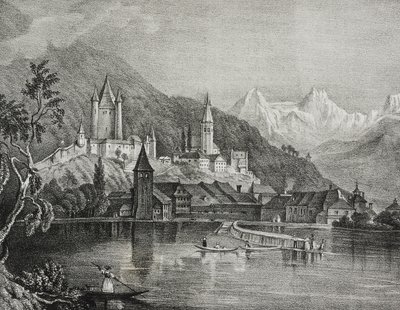 Pohled na Thun, kanton Bern, Švýcarsko, litografie Salvatore Puglia z Poliorama Pittoresco, n 35, 9. dubna od Salvatore Puglia