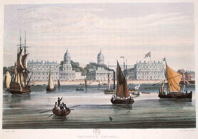 Greenwichská nemocnice, vyryl R.G. Reeve (fl.1811-37) 1828 (kolorovaná rytina) od Samuel (after) Owen