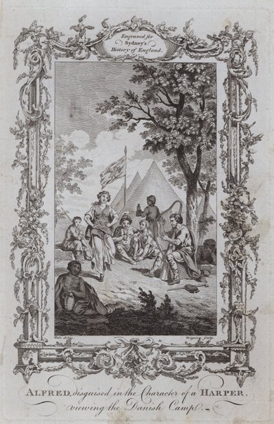 Alfred, převlečený za postavu Harpera, prohlíží si dánský tábor (rytina) od Samuel (after) Wale