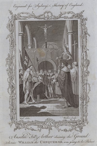 Anselm Fitz-Arthur si nárokuje pozemek, kde měl být Vilém Dobyvatel pohřben (rytina) od Samuel (after) Wale