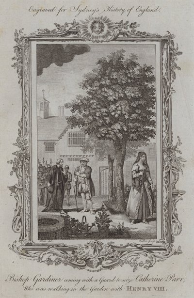 Biskup Gardiner přichází se stráží, aby zajal Catherine Parrovou, která se procházela v zahradě s Jindřichem VIII. (rytina) od Samuel (after) Wale