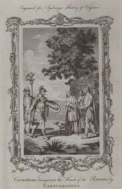 Caractacus zrazen do rukou Římanů Cartismanduou (rytina) od Samuel (after) Wale
