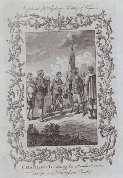 Karel I. nařizuje vztyčení své standarty na zámku Nottingham (rytina) od Samuel (after) Wale