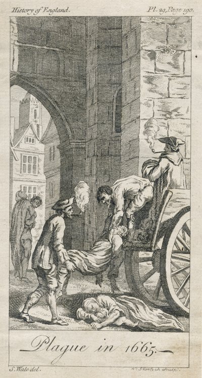 Sbírání obětí moru, Holywell Lane, Shoreditch, Londýn, Velká Británie (rytina) od Samuel (after) Wale