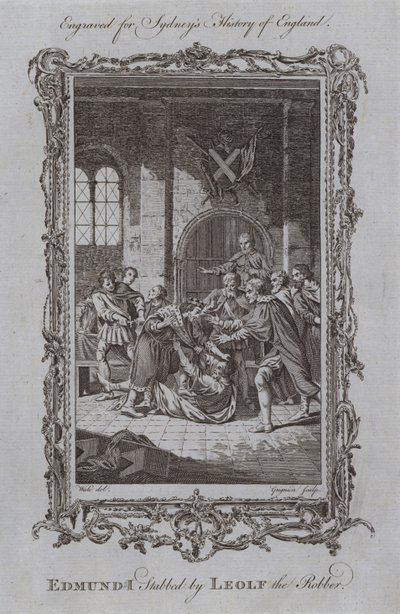 Edmund I. Pobodal Leolfem lupičem (rytina) od Samuel (after) Wale