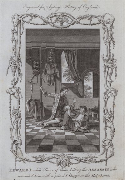 Edward I., zatímco princ z Walesu zabíjí asasína, který ho zranil otrávenou dýkou, ve Svaté zemi (rytina) od Samuel (after) Wale