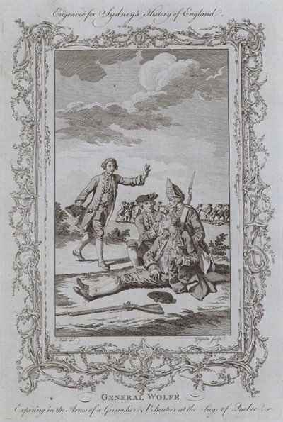 Generál Wolfe vyprší v náručí granátníka a dobrovolníka při obléhání Quebecu (rytina) od Samuel (after) Wale