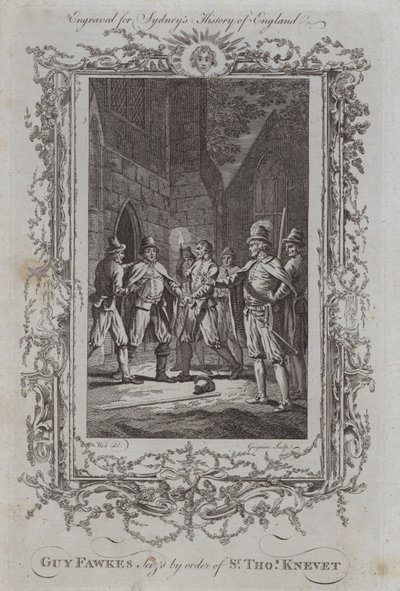 Guy Fawkes Seised na příkaz sira Thomase Kneveta (rytina) od Samuel (after) Wale
