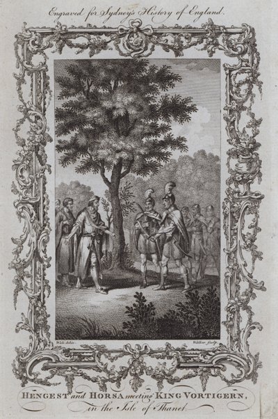 Setkání Hengesta a Horsy s králem Vortigernem na ostrově Thanet (rytina) od Samuel (after) Wale