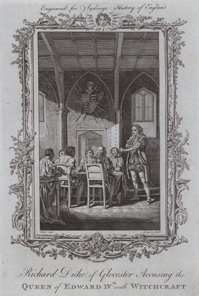 Richard vévoda z Gloucesteru Obviňuje královnu Edwarda IV z čarodějnictví (rytina) od Samuel (after) Wale