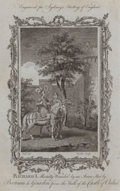 Richard I. Smrtelně zraněn šípem výstřelem od Bertrama de Gourdon ze zdí hradu Chilus (rytina) od Samuel (after) Wale