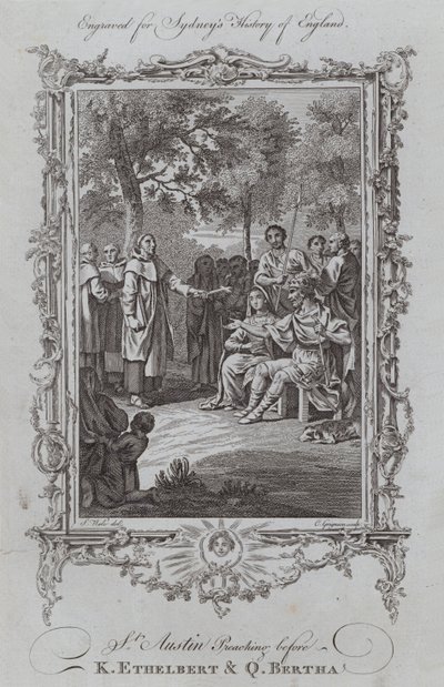 St Austin Kázání před K Ethelbertem a Q Berthou (rytina) od Samuel (after) Wale