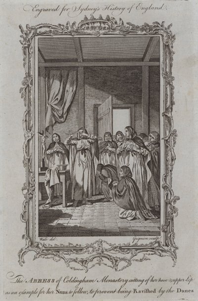 Abatyše z Coldinghamského kláštera si uřízla nos a horní ret jako příklad pro své jeptišky, které by měly následovat, aby zabránily tomu, aby ji Dánové uchvátili (rytina) od Samuel (after) Wale