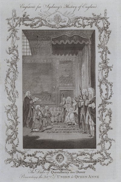 Vévoda z Queensberry a Doveru předkládá královně Anně zákon o unii (rytina) od Samuel (after) Wale