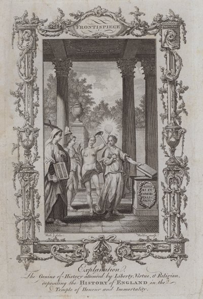 Génius dějin za účasti svobody, ctnosti a náboženství, uložení dějin Anglie v Chrámu cti a nesmrtelnosti (rytina) od Samuel (after) Wale