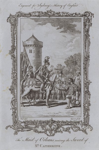 Panna Orleánská obdrží meč svaté Kateřiny (rytina) od Samuel (after) Wale